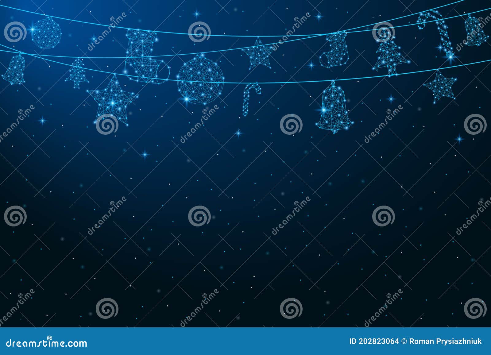 low poly hanging christmas decorations. merry christmas and new year banner. xmas balls made by polygonal wireframe mesh.